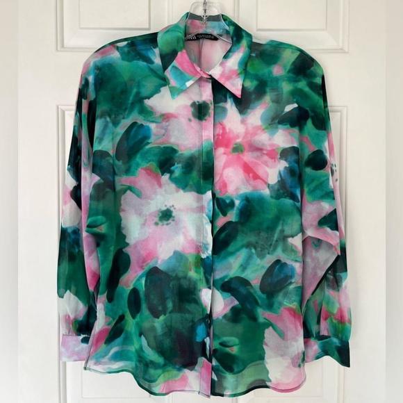 SOLD Zara Flowing Green Pink Floral Sheer Long Sleeve Blouse Small - Picture 5 of 16